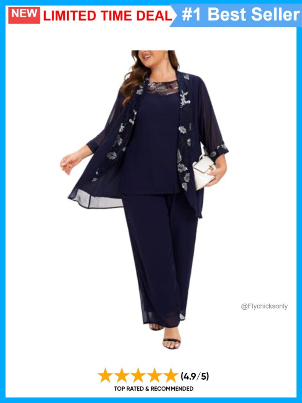 Plus Size 3-Piece Chiffon Pant Suit Set Sequin Vest Jacket Wedding Party